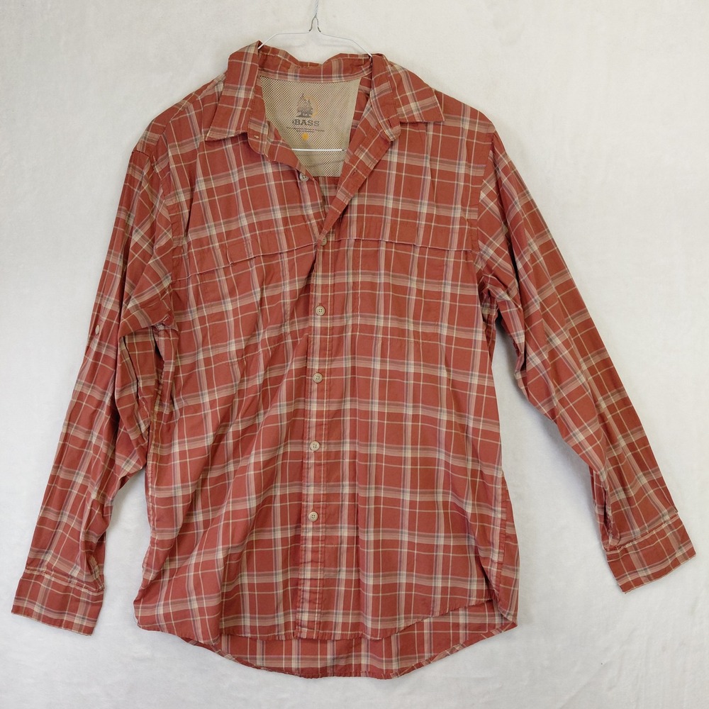 Bass Mens Long Sleeve Button Down Plaid Fishing Hiking Shirt Burnt Orange Medium